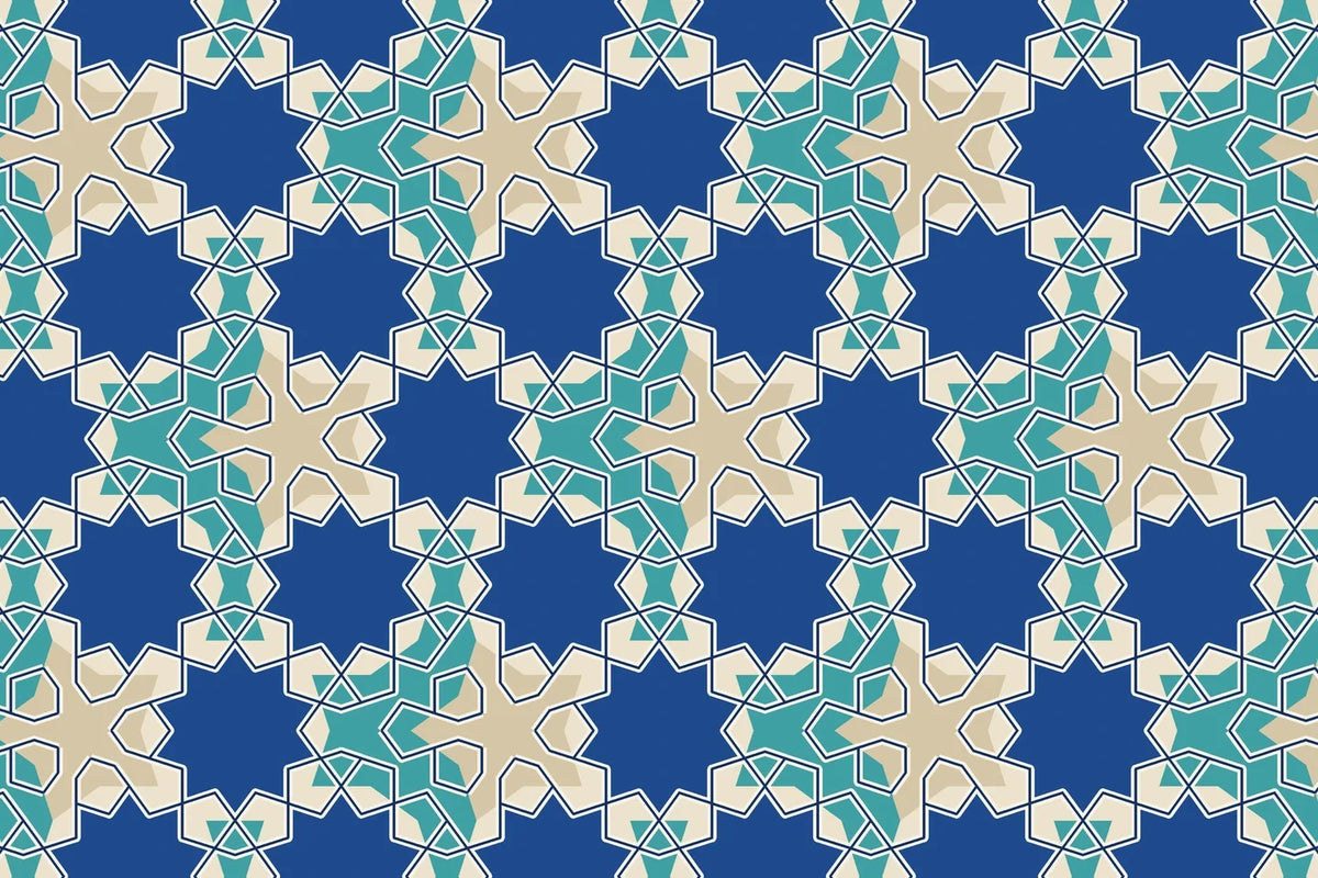 Illustration of a girih pattern: ten-pointed cobalt stars inside decagon tiles, linked by cream strapwork that crosses every tile edge, with turquoise and sand infill.