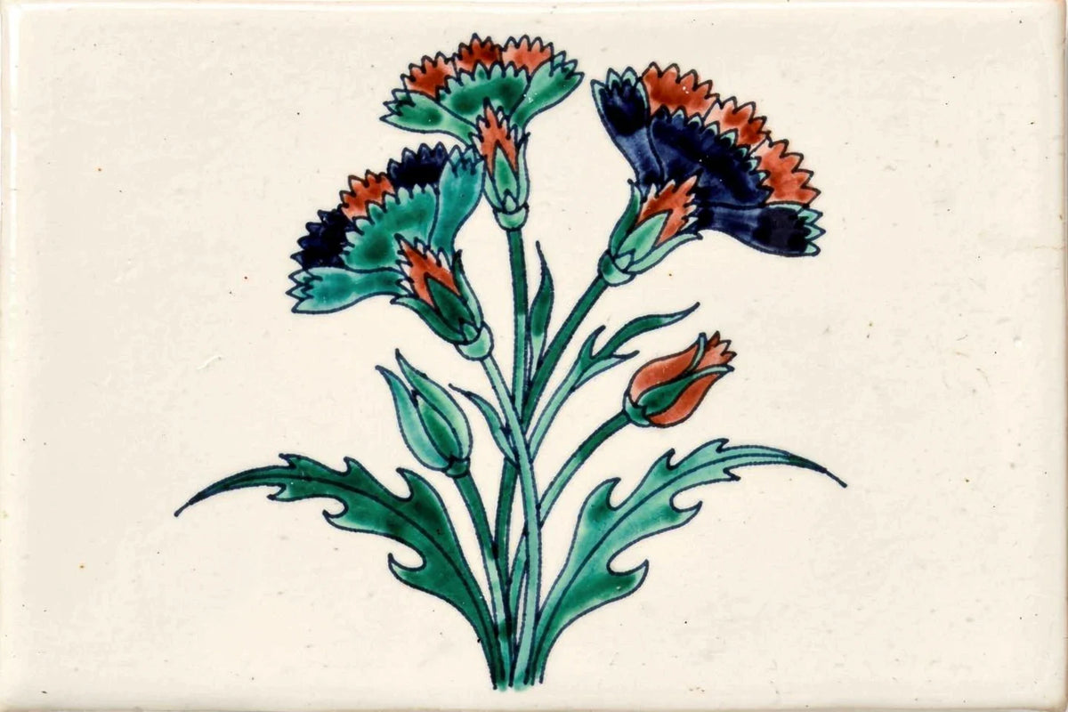 Illustration: stylized teal-and-coral Iznik carnations with serrated petals and slender stems rising on a warm white fritware-like ground — decorative motif, not a florist bouquet.