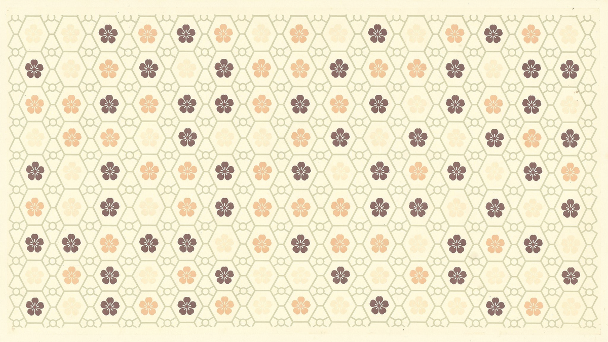 A regular hexagonal kikko lattice of fine sage-green lines holding small peach, plum and cream flowers on a warm cream ground