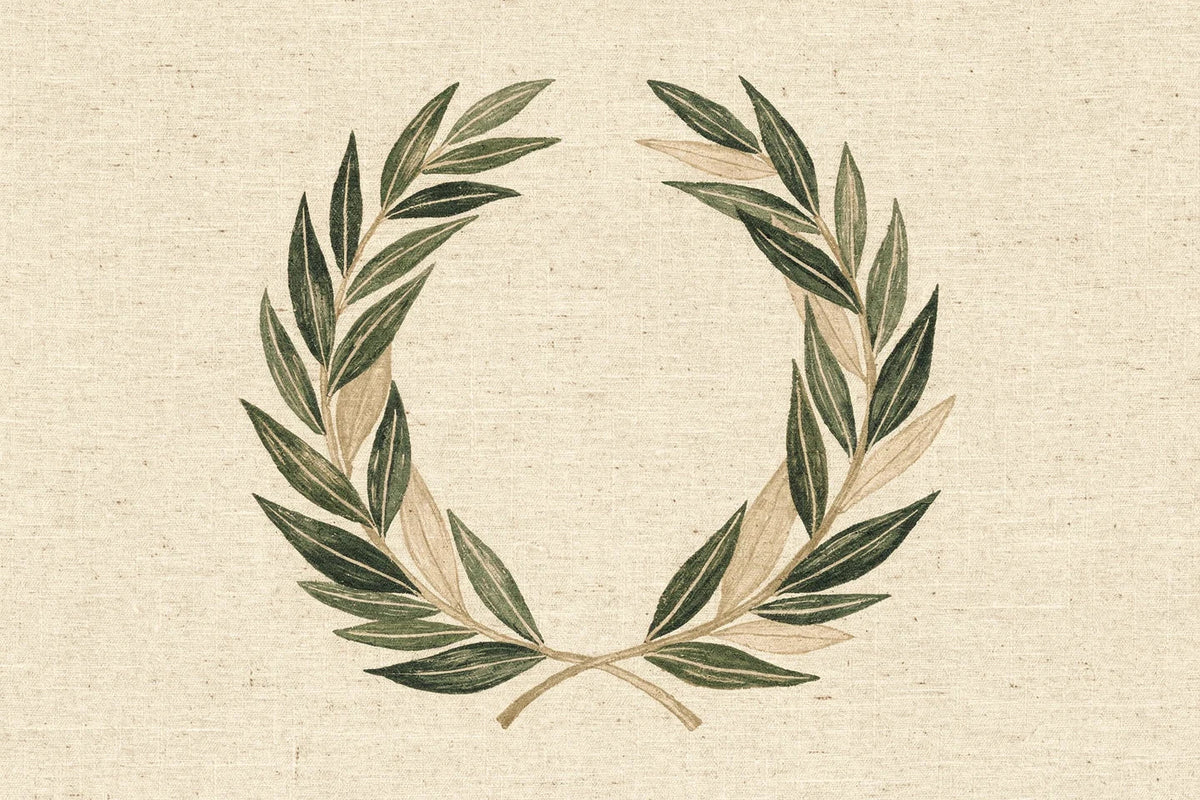 Illustration: a deep evergreen and cream laurel wreath of pointed bay leaves overlapping in a readable open horseshoe across a warm ivory woven-cloth ground.