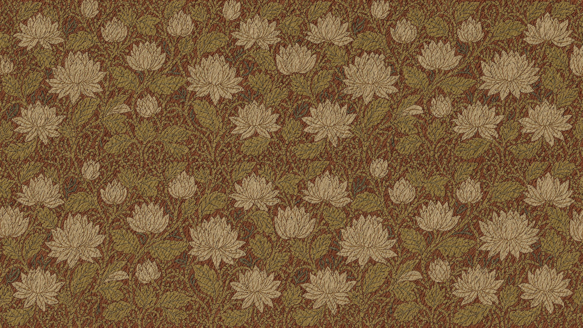 An all-over scrolling lotus vine pattern, curling tendrils linking ivory blooms and olive-green leaves on a deep red ground with touches of gold and indigo