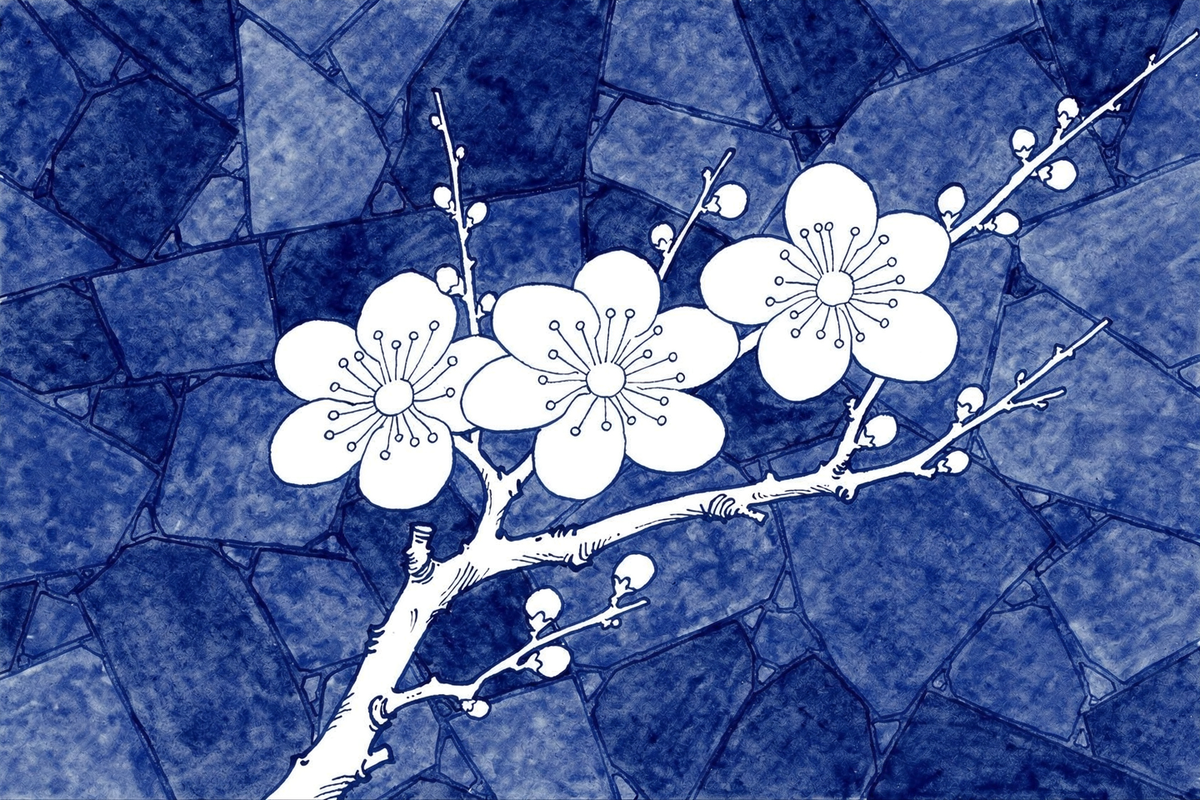 Illustration of prunus on cracked ice: a budding white plum branch with five-petal blossoms reaching up across angular shards of graded cobalt blue.