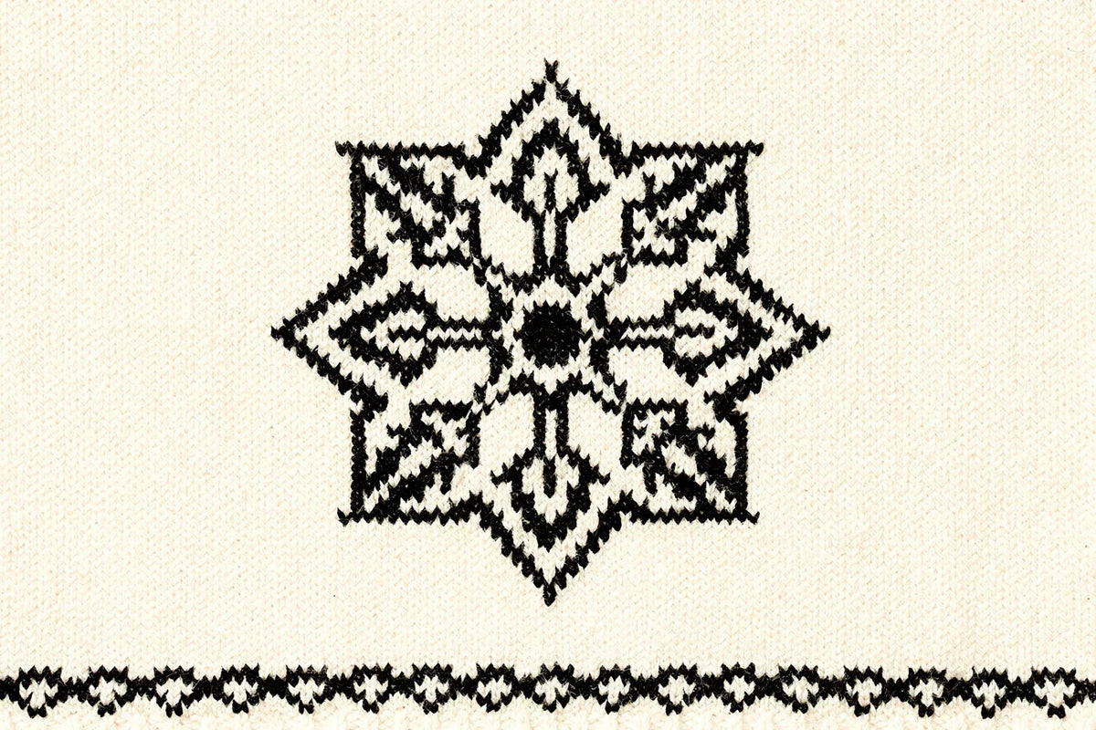 Illustration: a black-and-white eight-pointed Selbu rose knitting star of sharp diamond petals on a soft wool-cream ground, with a small mitten cuff edge — geometric motif, not a botanical flower.