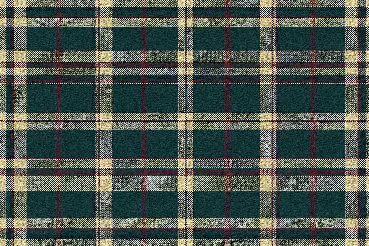 Illustration: a deep forest-green, cream and wine-burgundy tartan sett with clear solid crossings and twill half-tones across the full frame.