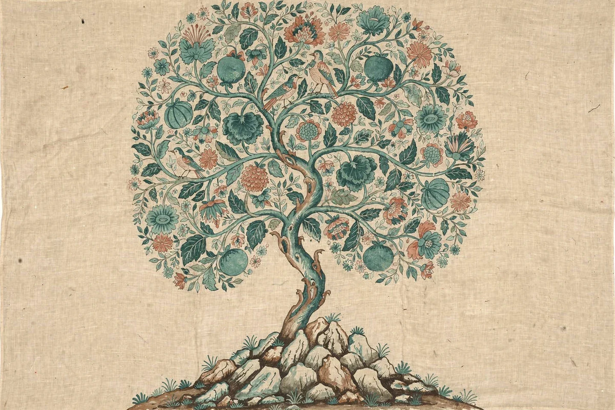 Illustration: a flowering tree of life from a rocky hillock, winding teal-toned trunk, coral and teal blossoms, fruit and birds on a pale sand cotton ground in painted-cloth style.