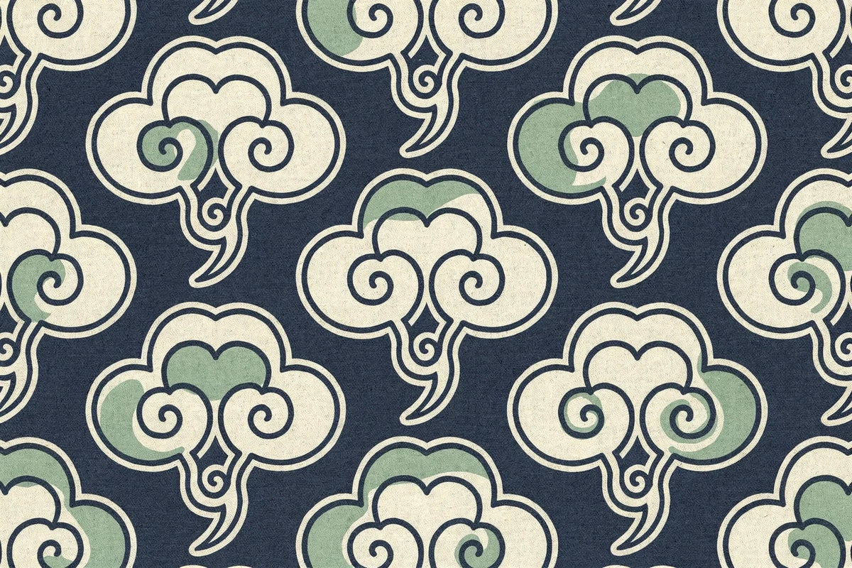 Illustration: an all-over repeat of ruyi-style clouds on deep indigo, each a lobed cream cloud head with a heart-shaped dip at the top, paired inward spirals inside and a short hooked tail, with patches of soft green.