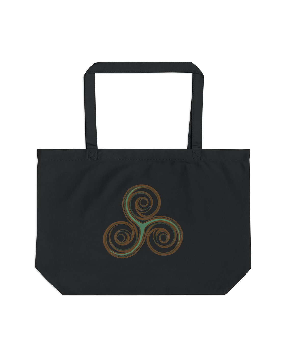 Triskelion three-spiral emblem in bronze and moss green on a black large eco tote, front view