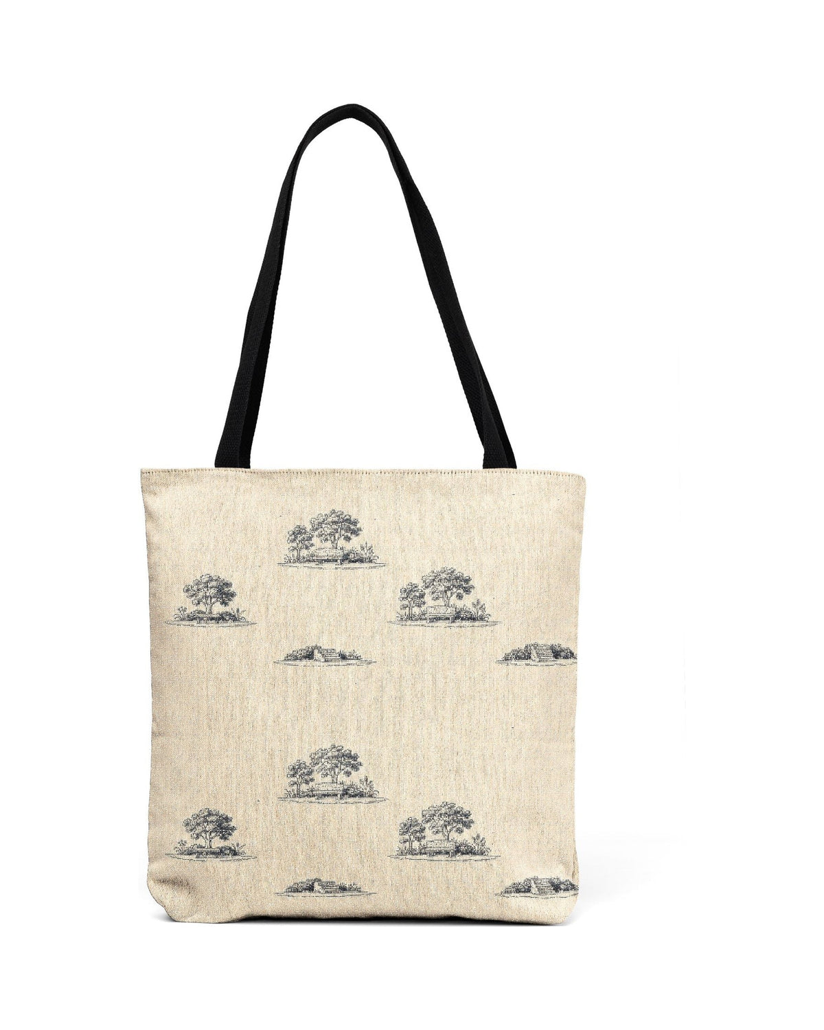 Front view of the Toile Garden Woven Tote with a garden toile print on an oatmeal body and black handles