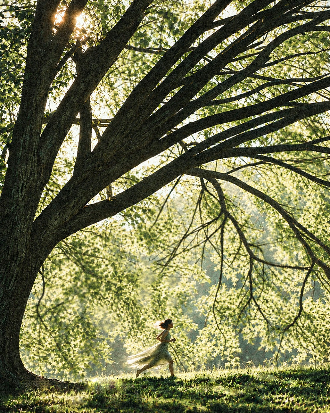 A woman resting her head against a tree trunk in golden light