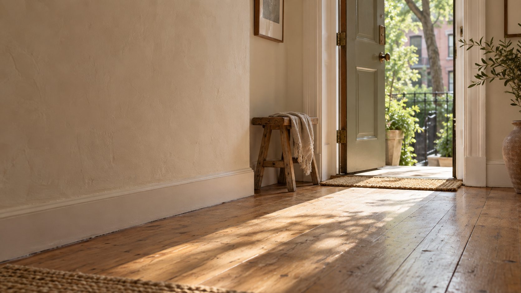 Morning light across a wooden floor toward an open door